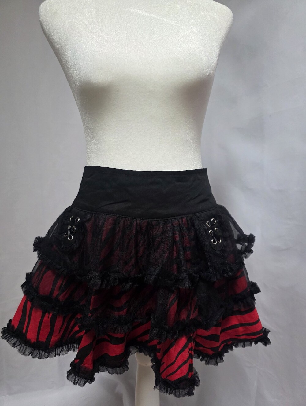 Living Dead Souls Red Black Zebra Ruffle Mini Skirt Goth Punk Size Large